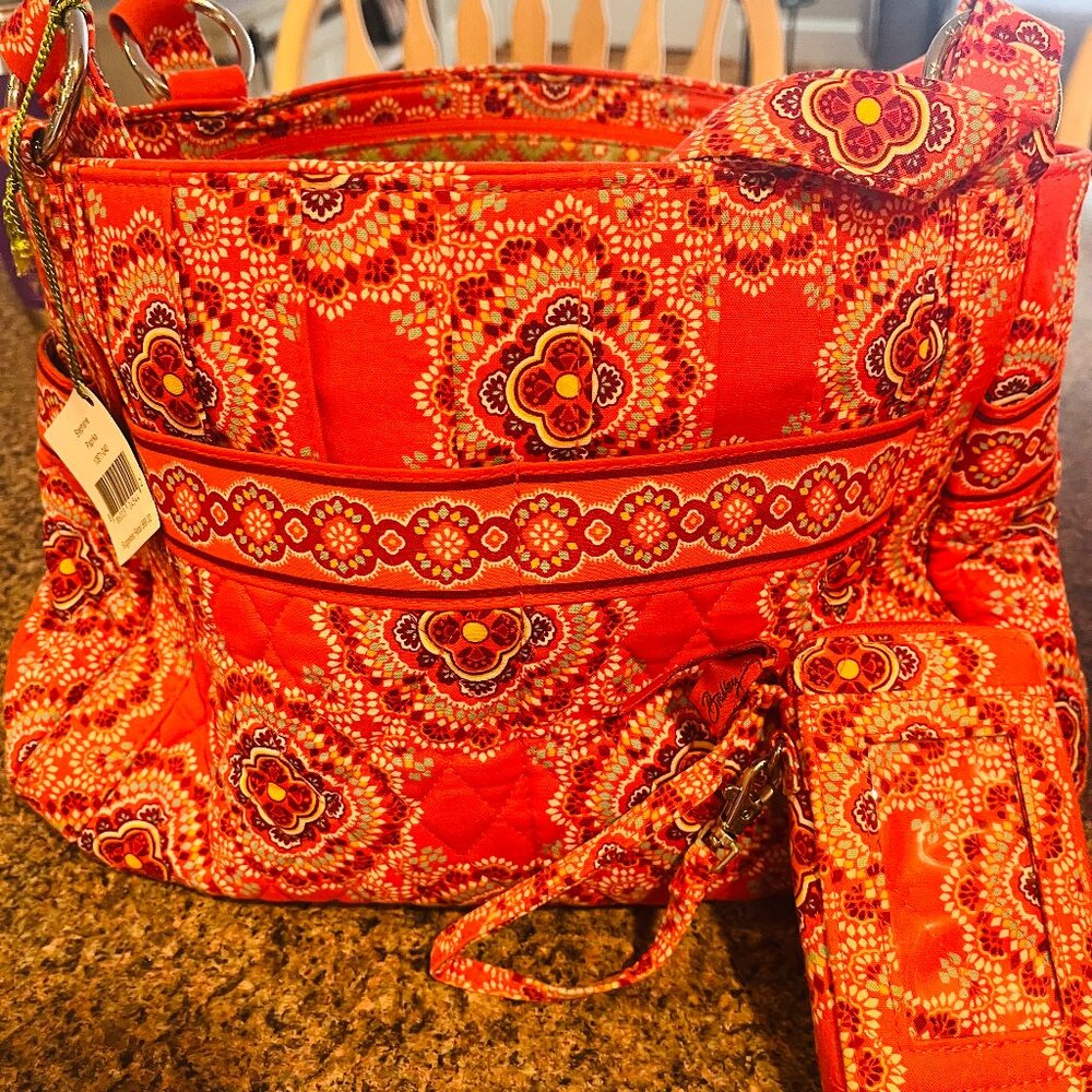 Vera Bradley “Stephanie” Shoulder Bag + Matching Wristlet — Paprika Print